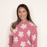 Womens Simply Southern Fuzzy Daisy Print Crewneck Sweater for Women in Pink 