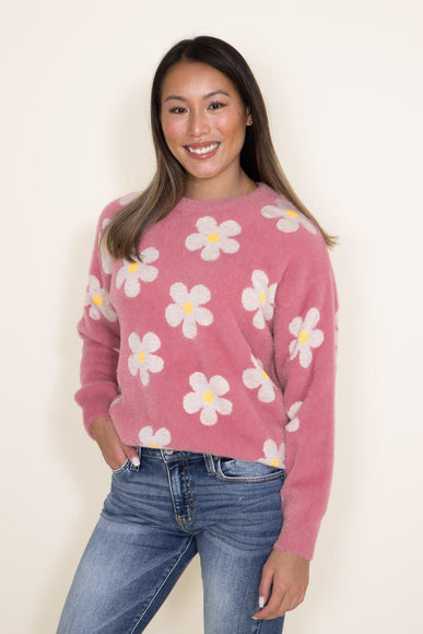 Womens Simply Southern Fuzzy Daisy Print Crewneck Sweater for Women in Pink 