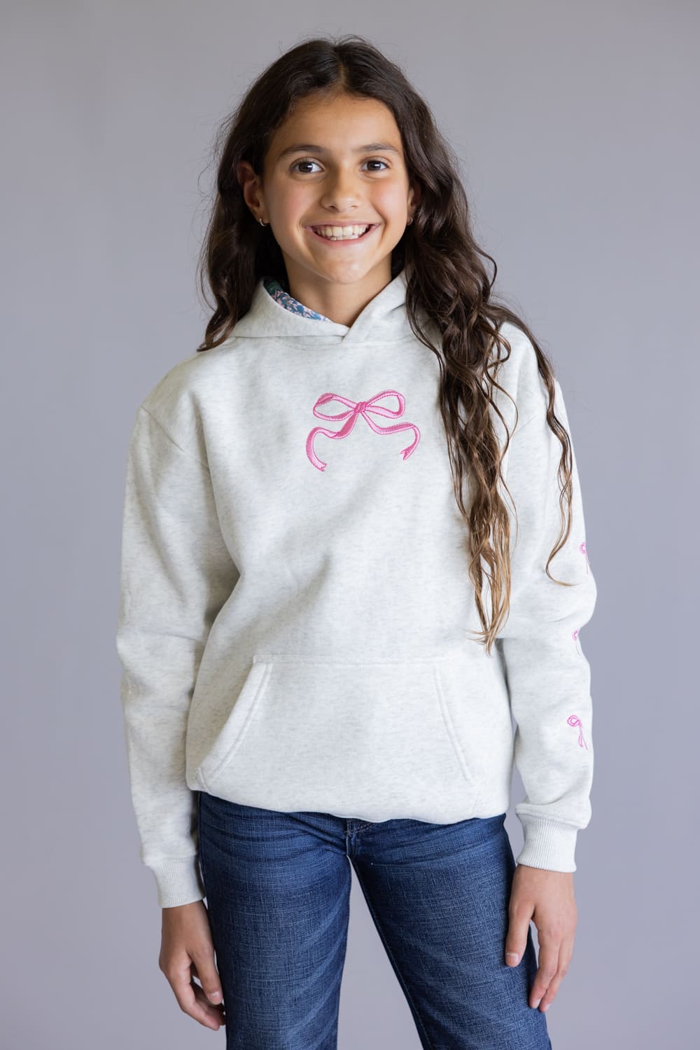 Simply Southern Youth Embroidered Dilara Bow Hoodie for Girls in Heather Grey