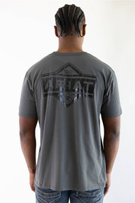 A man viewed from behind wearing a dark gray crewneck t-shirt with a distressed black graphic on the back that reads 'Ariat' inside a shield design, paired with blue jeans against a white background.