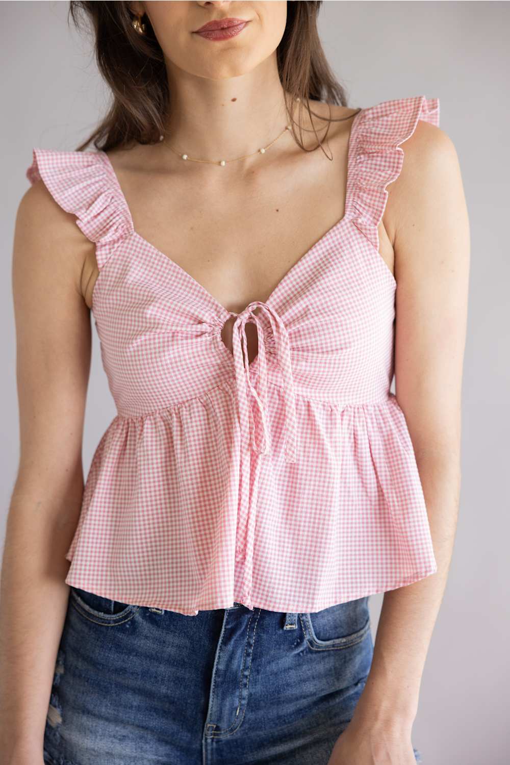 Gingham Front Tie Peplum Top for Women in Red