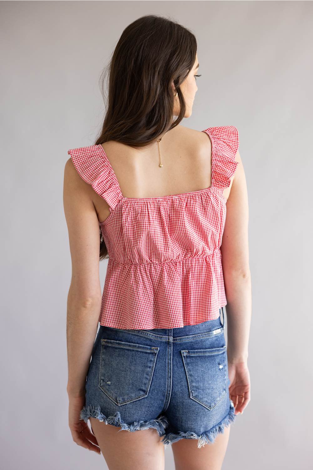Gingham Front Tie Peplum Top for Women in Red
