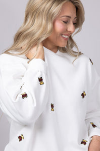 1897 Active Embroidered Bear Fleece Sweatshirt for Women in Ivory