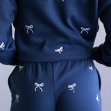 1897 Active Embroidered Bow Fleece Shorts for Women in Indigo Blue