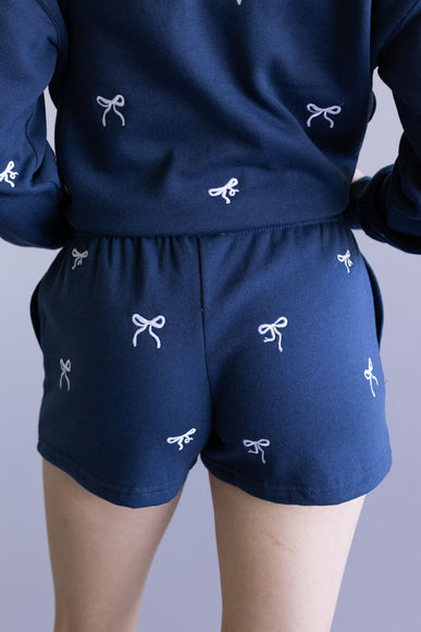 1897 Active Embroidered Bow Fleece Shorts for Women in Indigo Blue