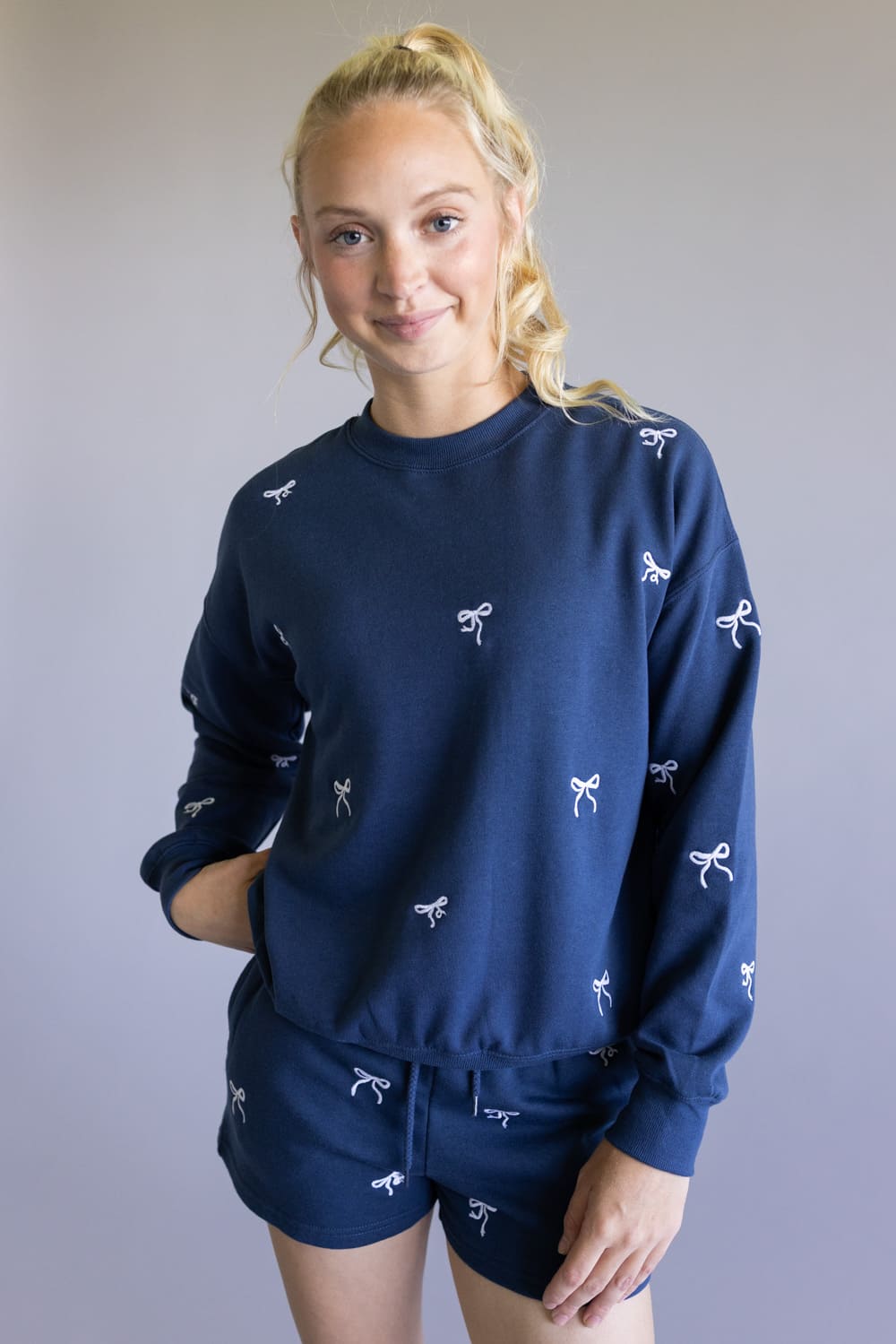 1897 Active Embroidered Bow Fleece Sweatshirt for Women in Indigo Blue