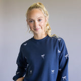 1897 Active Embroidered Bow Fleece Sweatshirt for Women in Indigo Blue