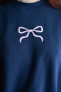1897 Active Embroidered Center Bow Fleece Sweatshirt for Women in Indigo Blue