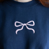 1897 Active Embroidered Center Bow Fleece Sweatshirt for Women in Indigo Blue