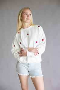 1897 Active Embroidered Hearts Fleece Sweatshirt for Women in Ivory/Red