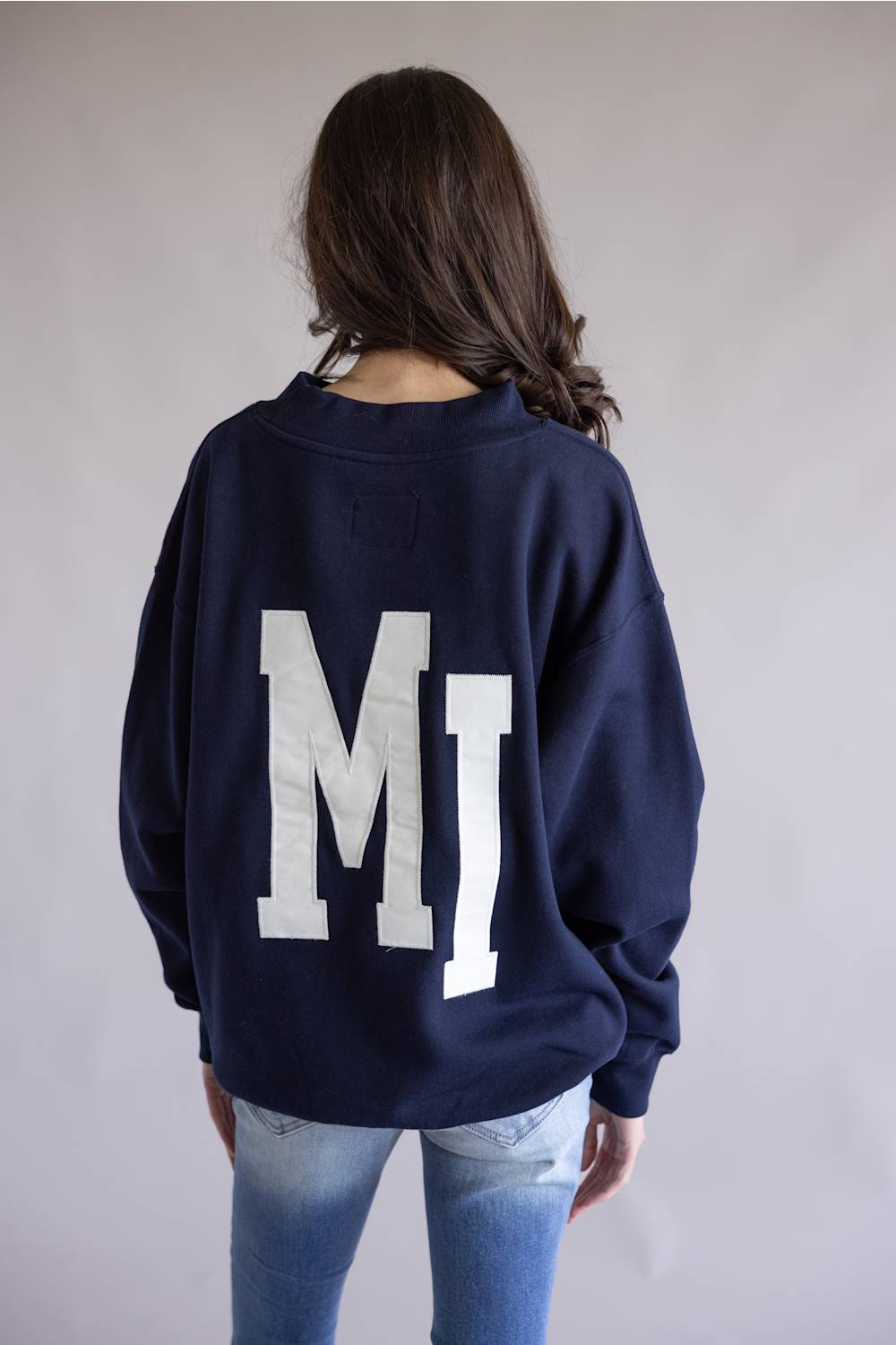 1897 Active Michigan Embroidered Mock Neck Sweatshirt for Women in Navy
