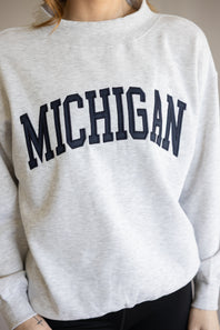 1897 Active Michigan Patch Embroidered Mock Neck Pullover for Women in Ice Grey/Navy