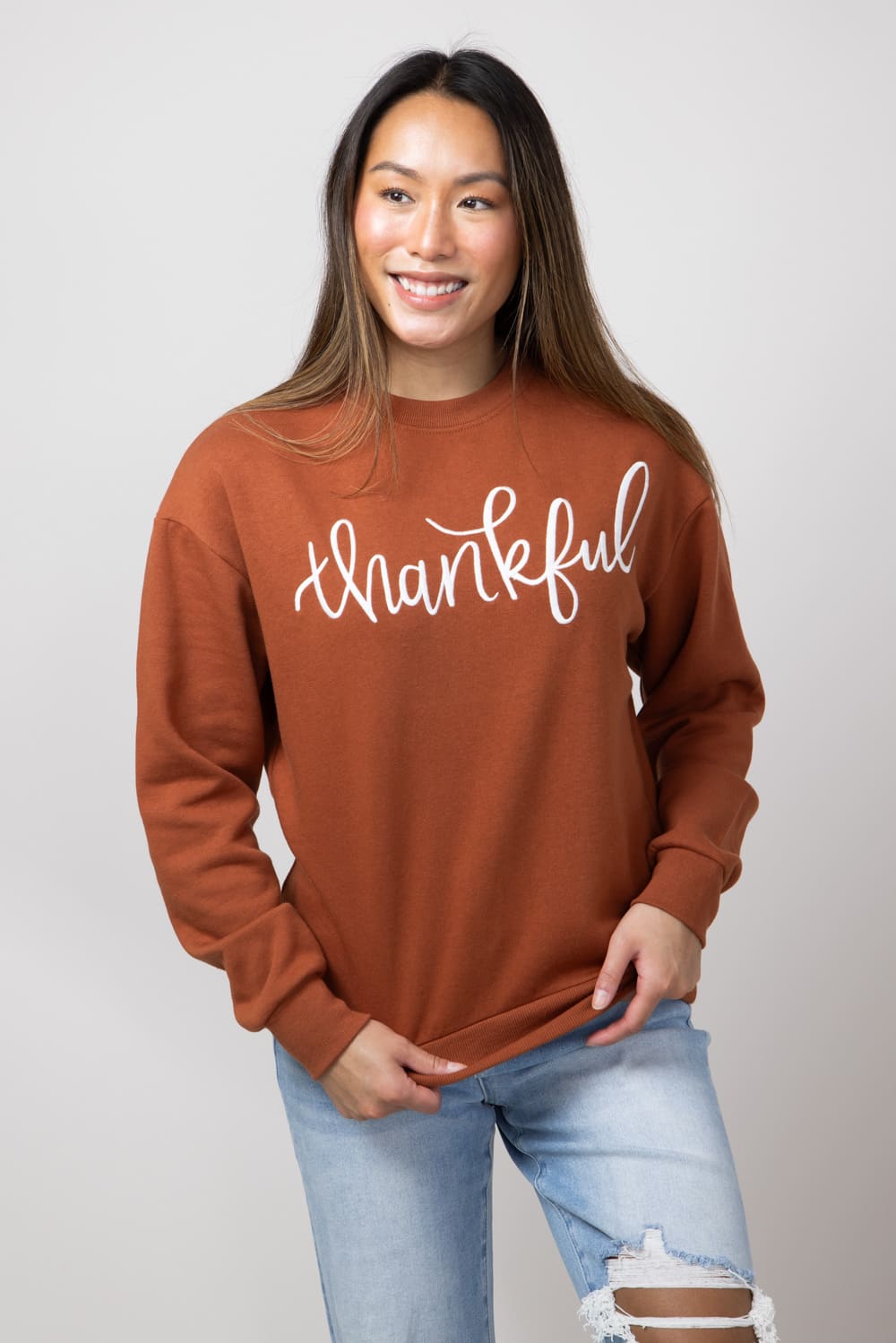1897 Active Thankful Graphic Fleece Sweatshirt for Women in Orange