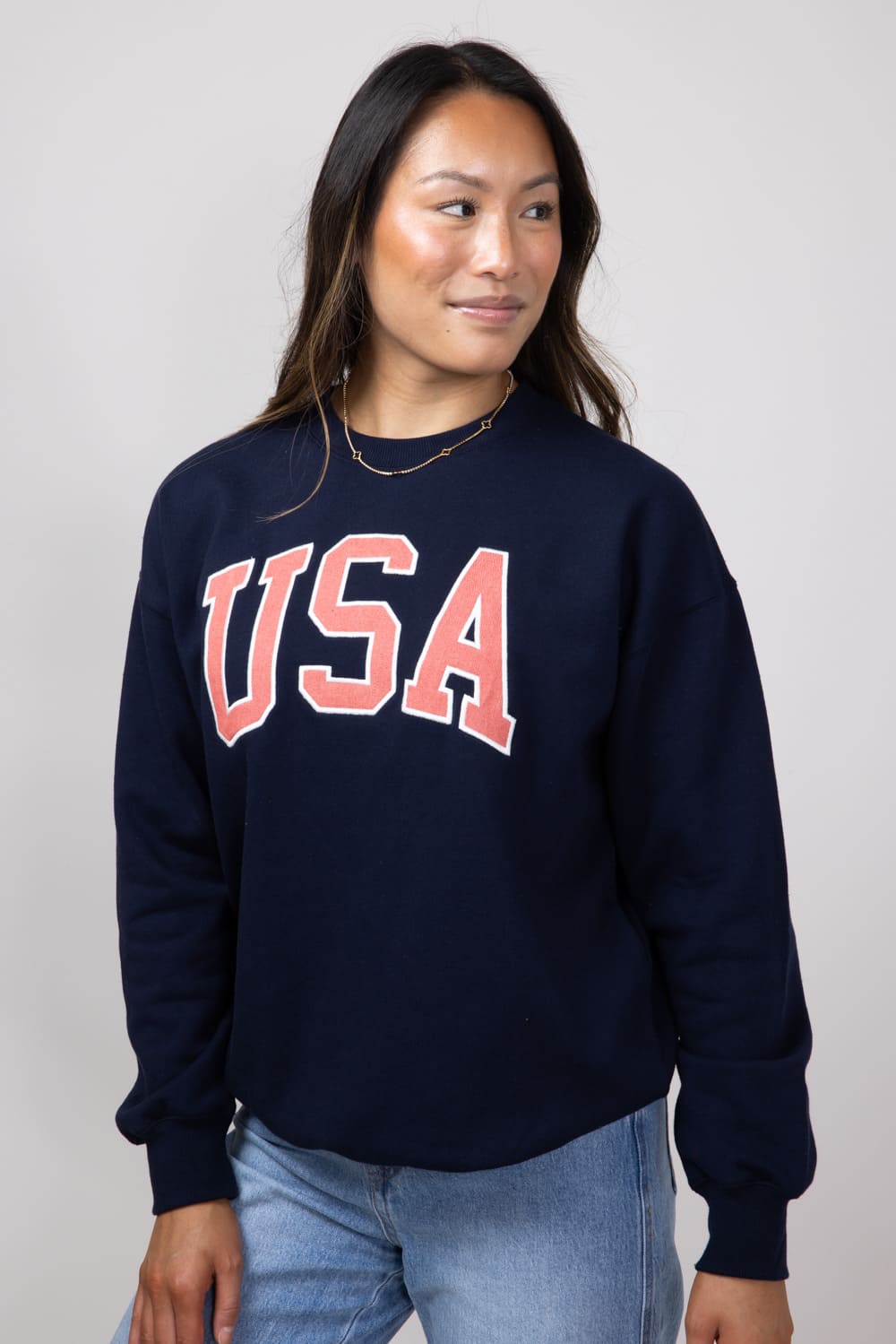 1897 Active USA Embroidered Fleece Sweatshirt for Women in Deep Navy