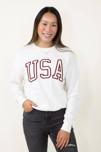 1897 Active USA Embroidered Fleece Sweatshirt for Women in Ivory