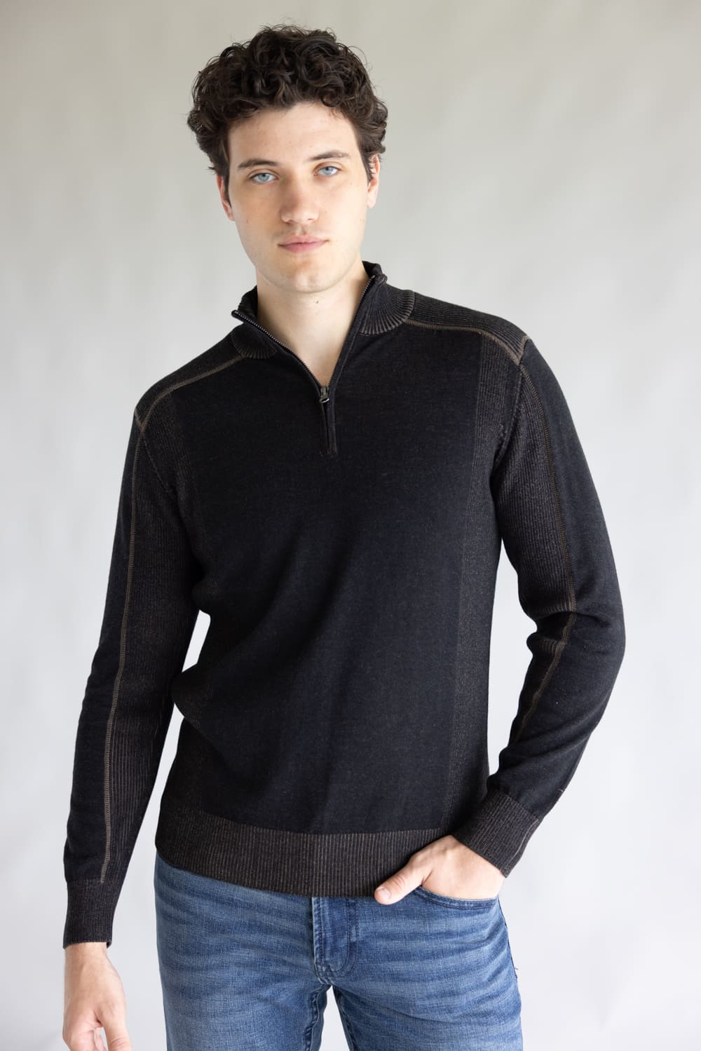 1897 Original 1/4 Zip Mock Neck Sweater for Men in Black/Latte