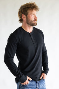 1897 Original Solid Henley Thermal Long Sleeve Shirt for Men in Black
