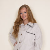 Embroidered Stitch Edge Felt Shacket for Women in Light Oat