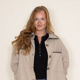 Embroidered Stitch Edge Felt Shacket for Women in Taupe