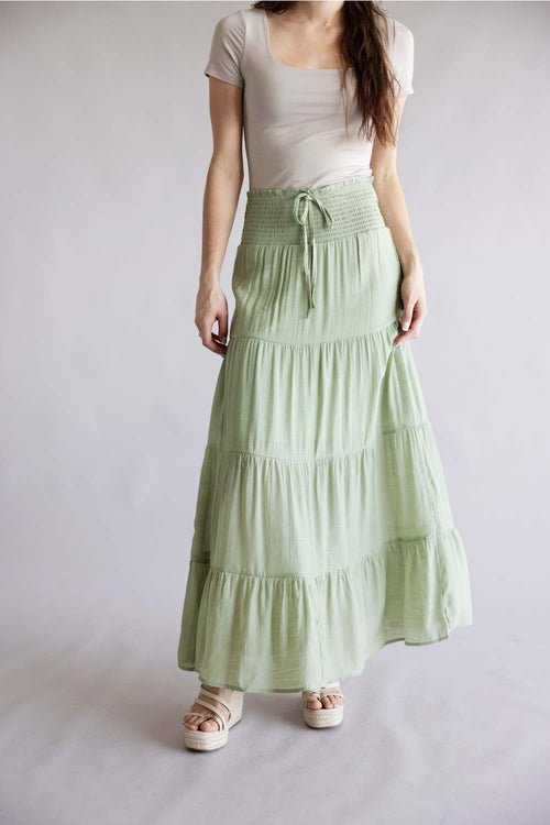 Love Tree Tie Waist Tiered Maxi Skirt for Women in Moss