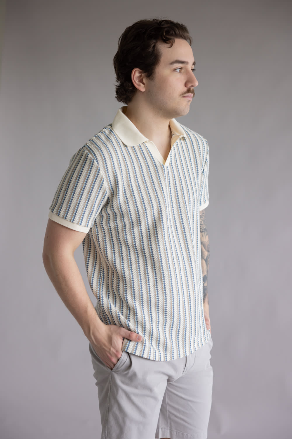 Denim & Flower Striped Crotchet Knit Sweater Polo for Men in Blue