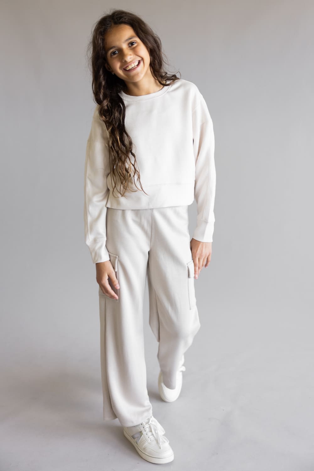 Youth Pullover & Wide Leg Pant Set for Girls in Grey/Beige