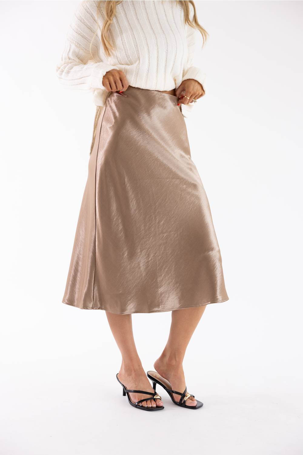 Aaron & Amber A-Line Satin Midi Skirt for Women in Latte | AJS5484-LATTE