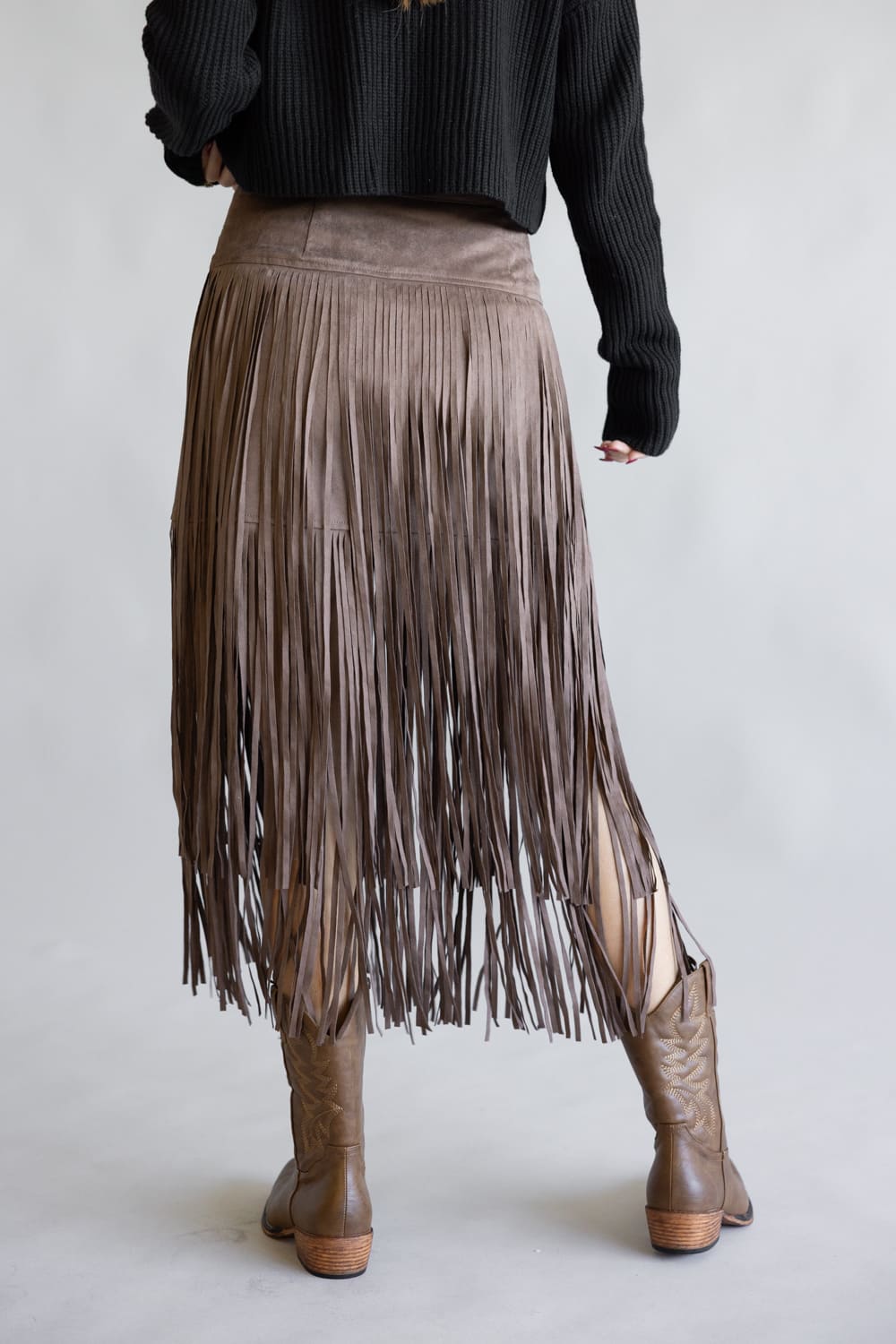Aaron & Amber Suede Fringe Midi Skirt for Women in Chocolate 