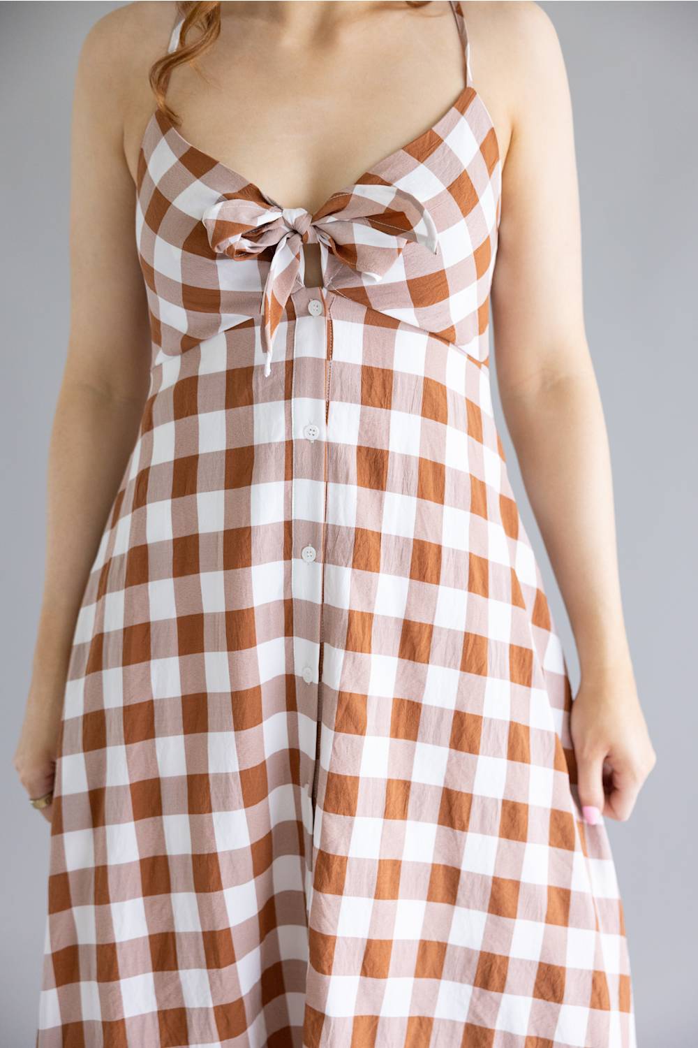 ACOA Gingham Midi Dress for Women in Brown/Ivory