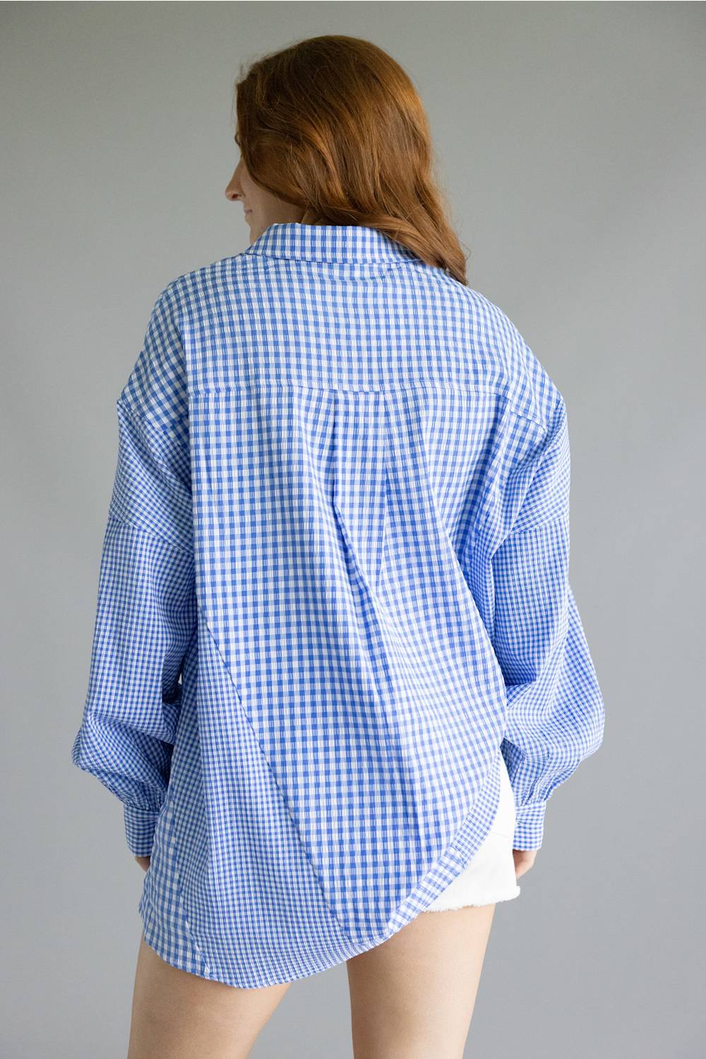 ACOA Mixed Gingham Oversized Button Up Shirt for Women in Blue