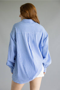 ACOA Mixed Gingham Oversized Button Up Shirt for Women in Blue
