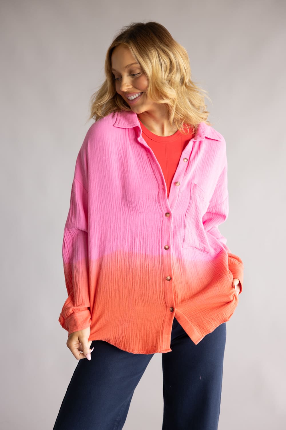 ACOA Ombre Gauze Button Front Top for Women in Pink/Orange