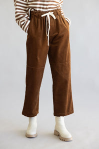 Allie Rose Drawstring Corduroy Barrel Pants for Women in Brown