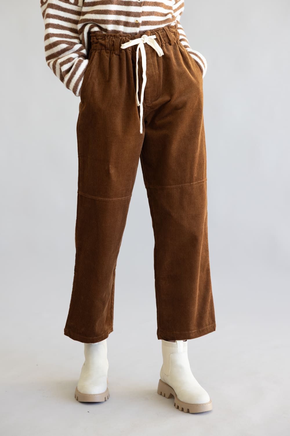 Allie Rose Drawstring Corduroy Barrel Pants for Women in Brown