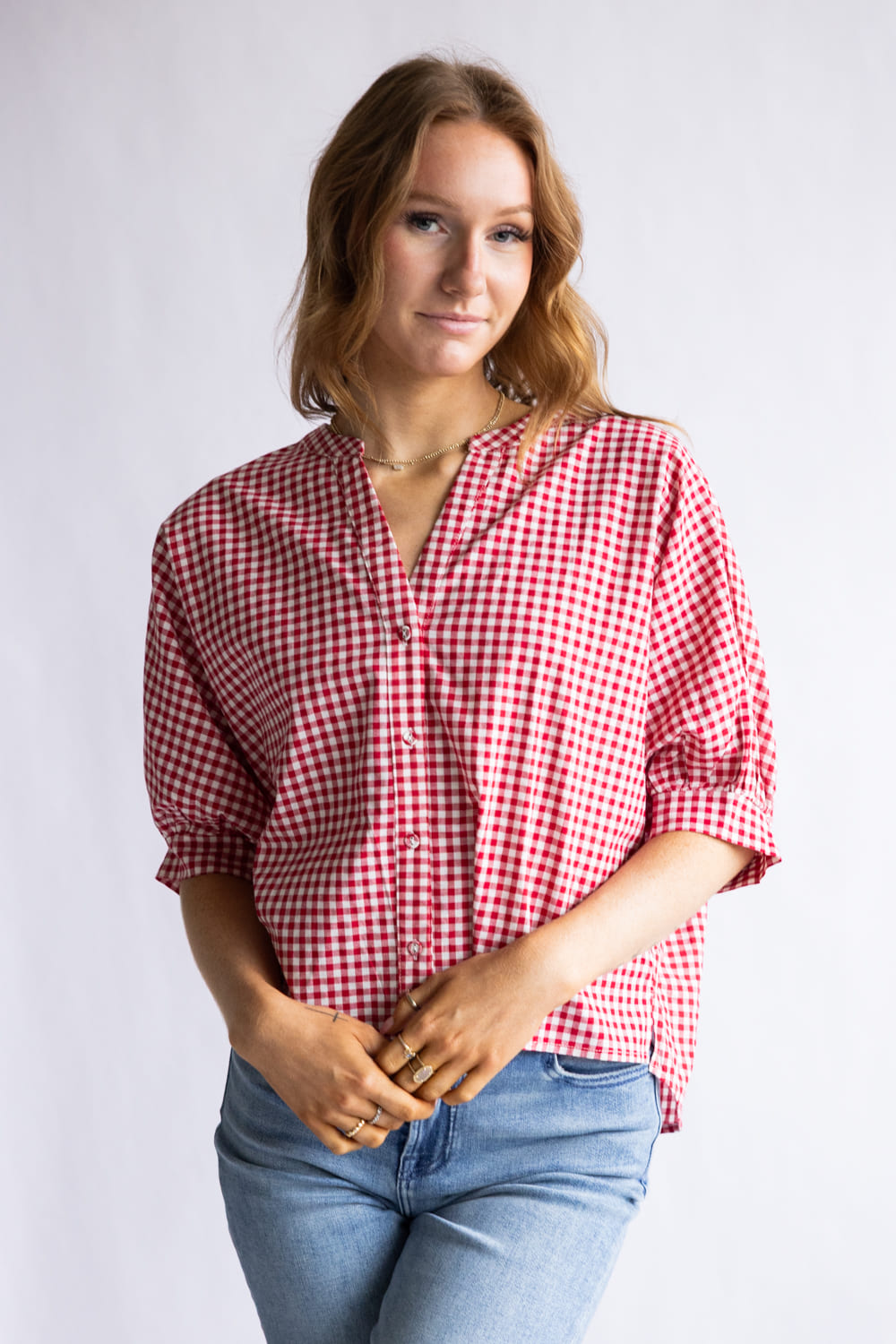 Gingham Split Neck Button Front Top for Women in Red