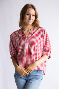 Gingham Split Neck Button Front Top for Women in Red