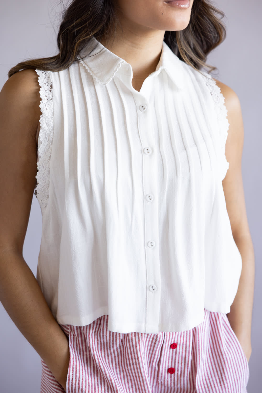 Button Front Pintuck Linen Top for Women in Off White