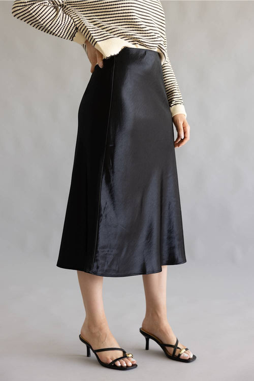Aaron & Amber A-Line Satin Midi Skirt for Women in Black