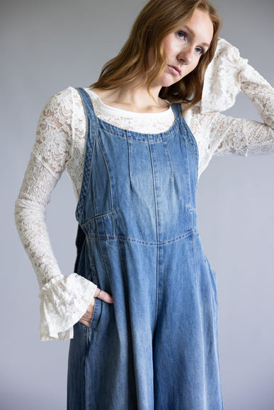 Aaron & Amber Denim Wide Leg Overalls for Women in Medium Wash
