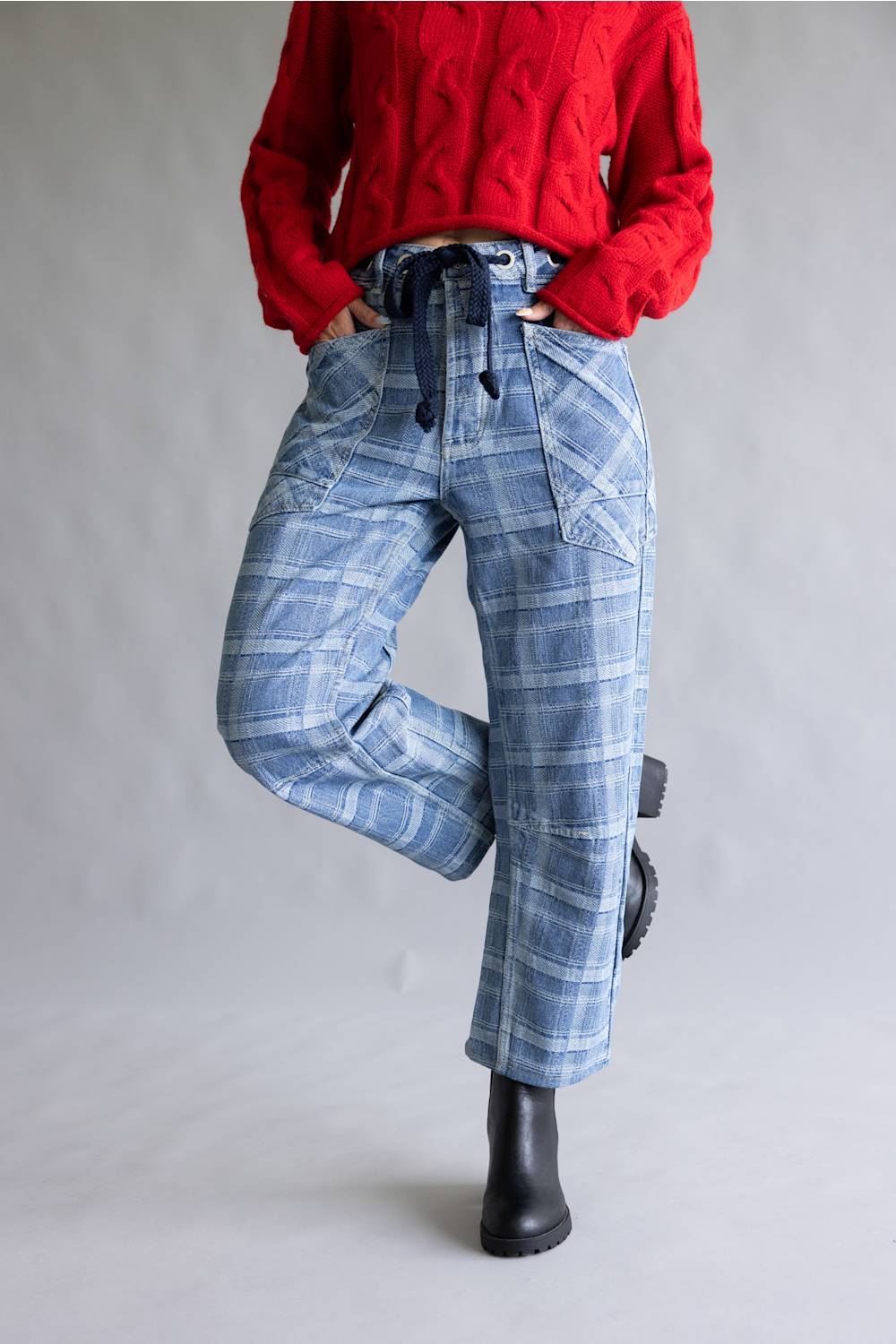 Aaron & Amber Drawstring Plaid Barrel Jeans for Women in Denim