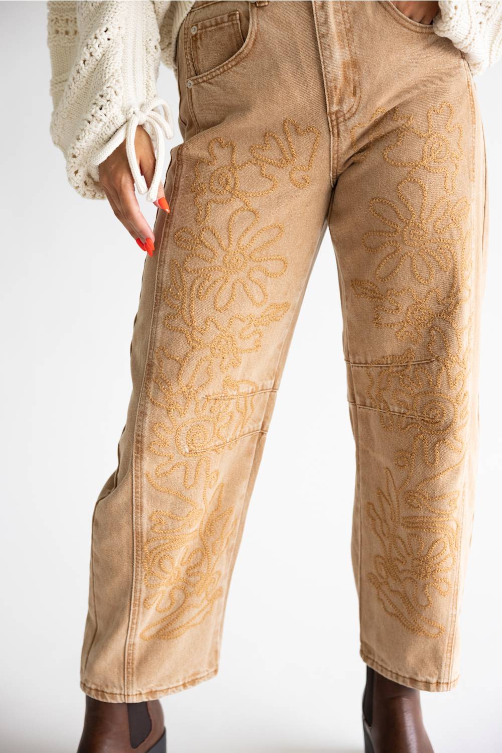 Aaron & Amber Embroidered Barrel Pants for Women in Rust