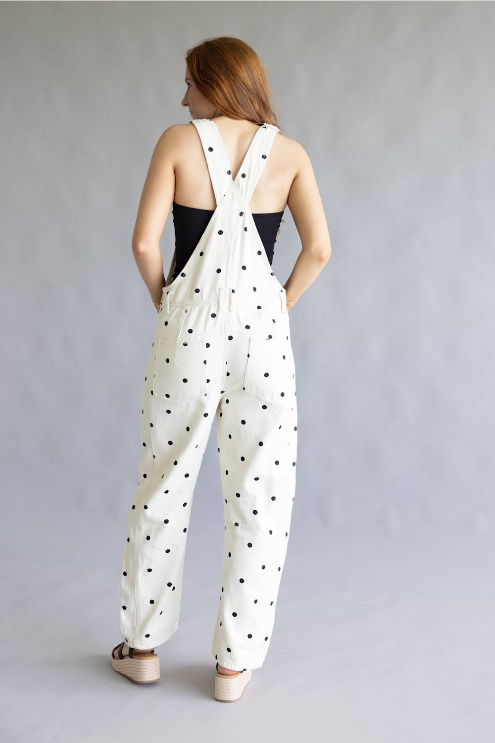 Aaron & Amber Slouchy Denim Overalls for Women in Polka Dot