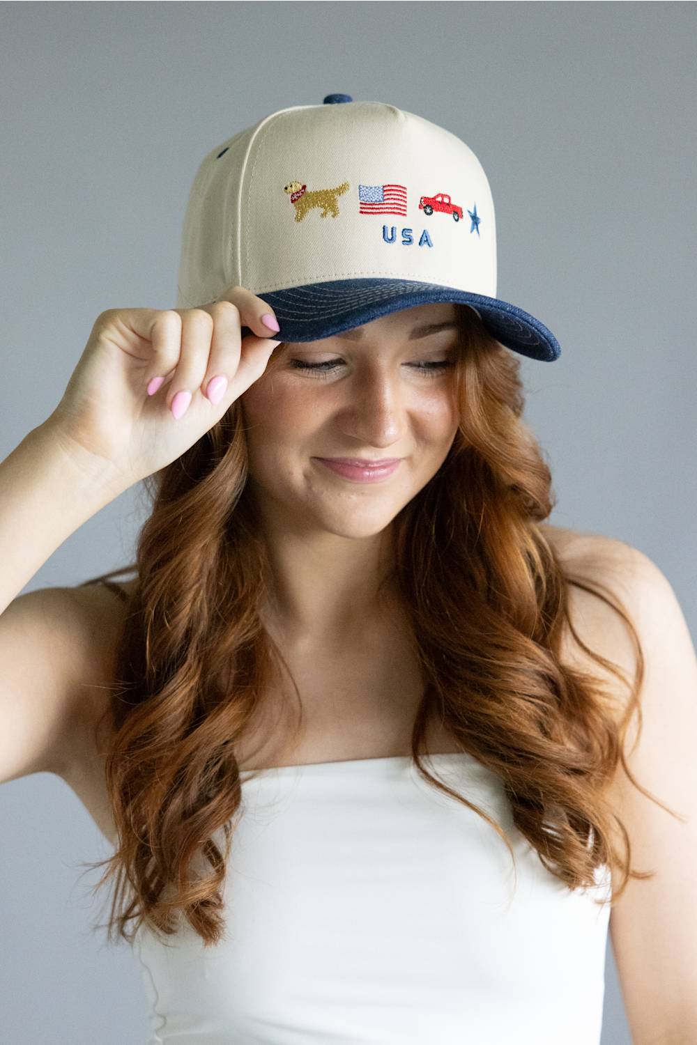 All American Icons Trucker Hat for Women in Tan/Dark Denim