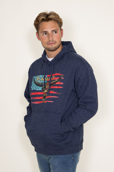 Ariat Logo American Steer Hoodie for Men in Blue Heather 