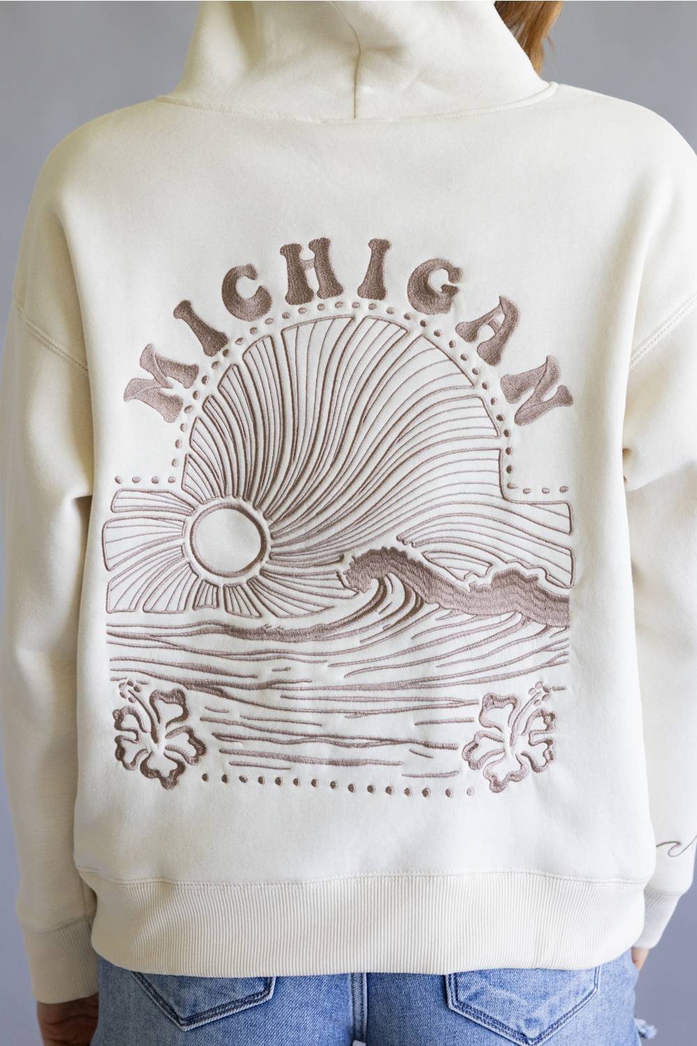 Michigan Wave Embroidered Hoodie for Women in Coconut | B13619-MI-EMBHOOD-COCONUT