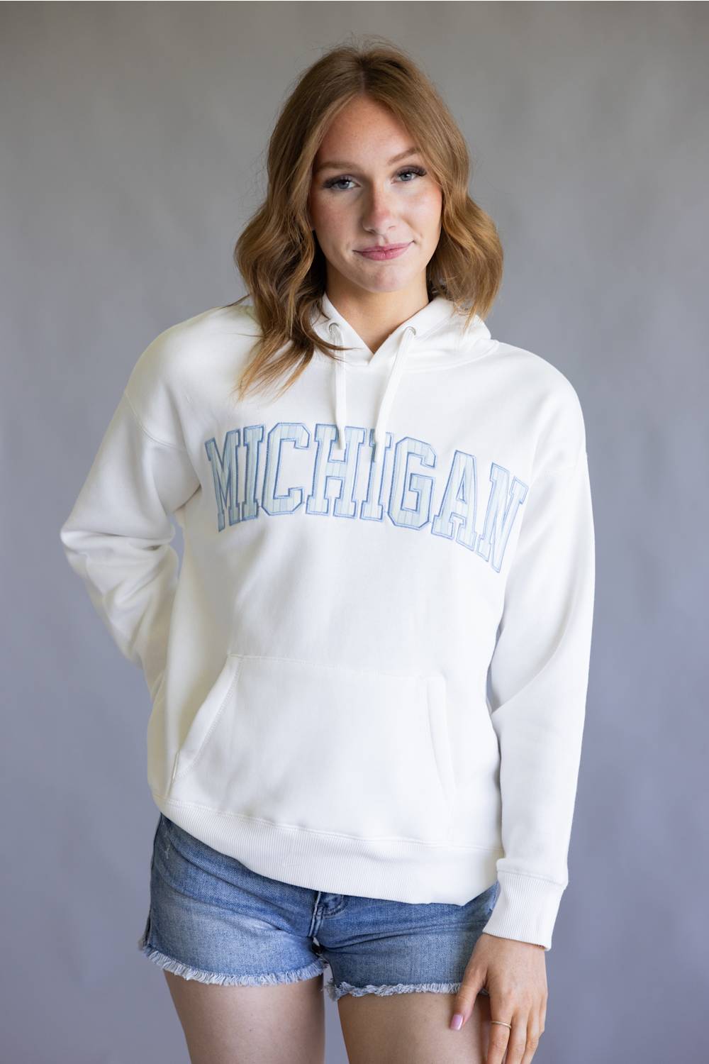Striped Michigan Embroidered Hoodie for Women in White