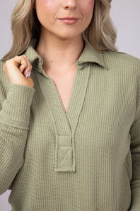 Blu Pepper Ribbed Knit Johnny Collar Polo Shirt for Women in Light Olive