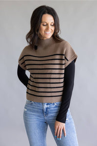 Blu Pepper Striped Mock Neck Sweater for Women in Mocha