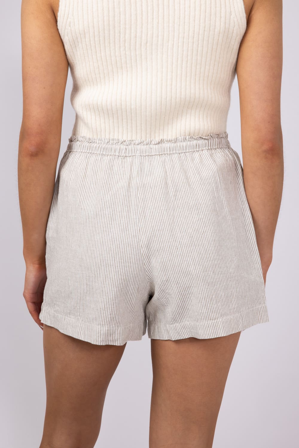 Pinstripe Drawstring Linen Shorts for Women in Khaki | 42713-KHAKI