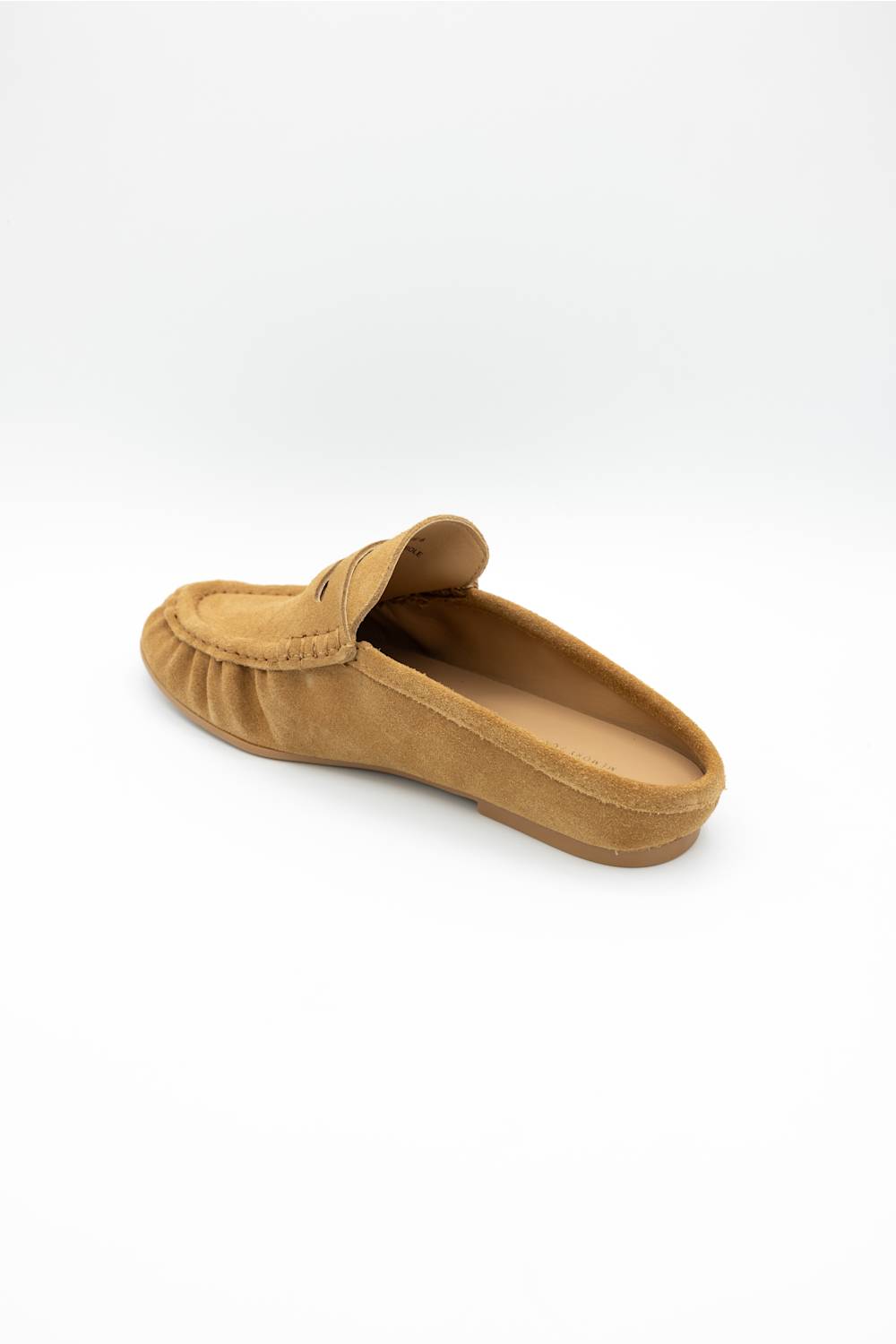 A single tan suede moccasin loafer shown from a side-rear angle on a clean white background.